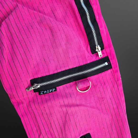 Vintage Tripp NYC Pink Black Pinstriped Pants Buckles Zippers Size 11 Low Rise - Picture 5 of 12